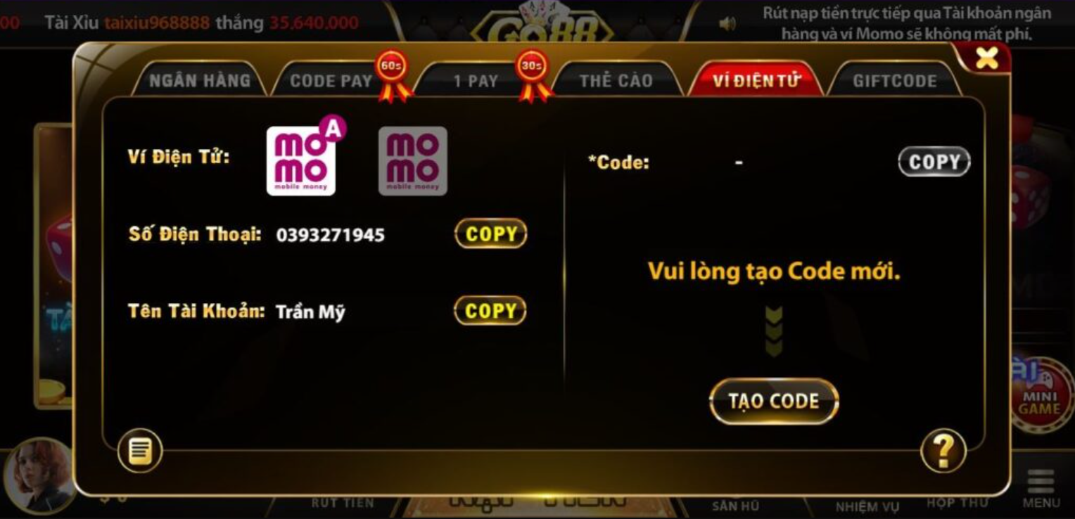 Nạp tiền Go88 bằng Momo