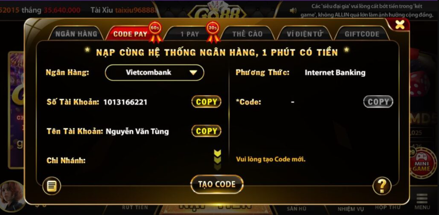 Nạp tiền Go88 theo phương thức nạp nhanh