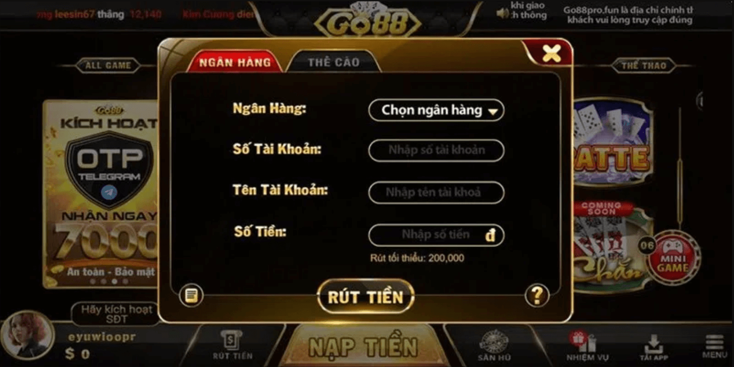 Hướng dẫn rút tiền Go88 về ngân hàng